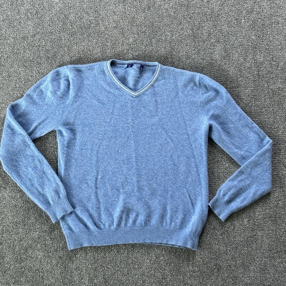 FJ 1857 Sweater Mens Large Blue V Neck 100% Cashmere Lightweight Knit Pullover